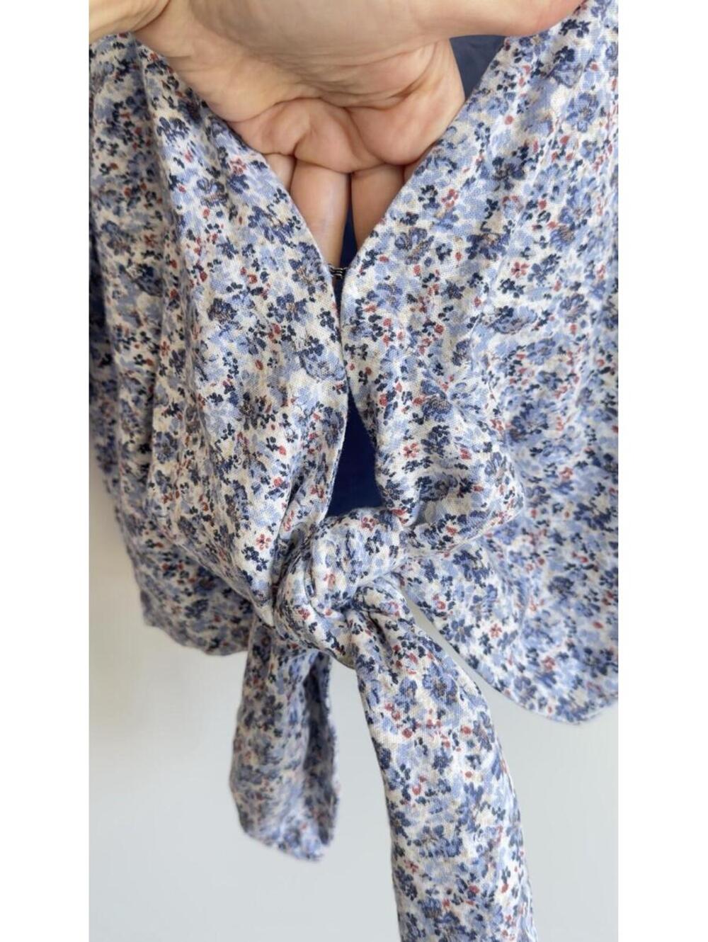 Abercrombie & Fitch Linen Blend Floral Tie Front Crop Top Puff Sleeve XS - Picture 6 of 9